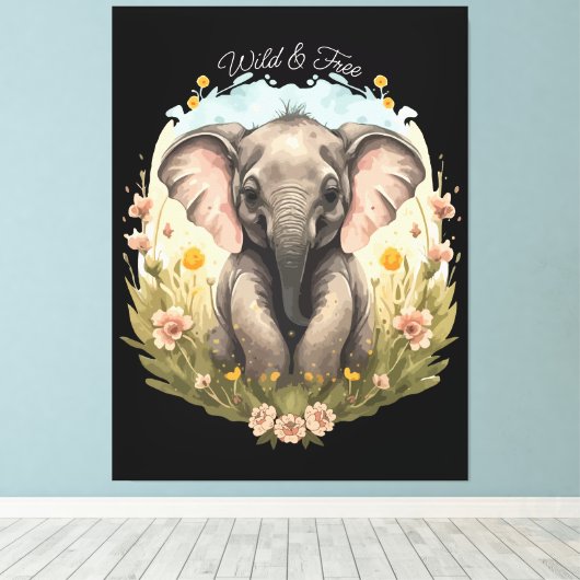 Schattigee Baby Olifant Kalf Wildflower Wanderlust Canvas Afdruk (Insitu (Houten vloer))