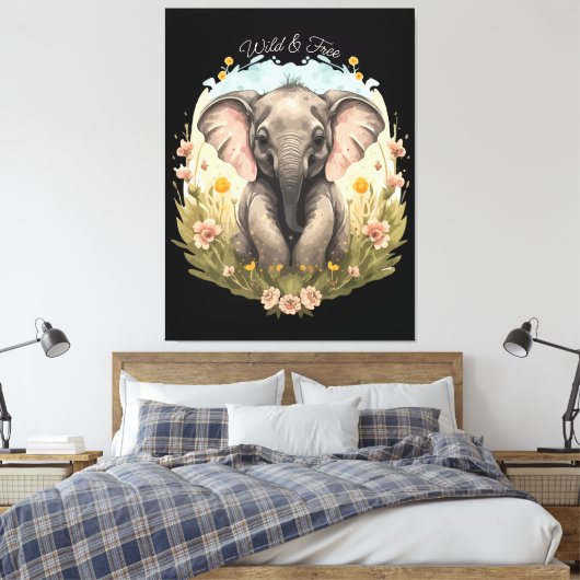 Schattigee Baby Olifant Kalf Wildflower Wanderlust Canvas Afdruk (Insitu (Slaapkamer))