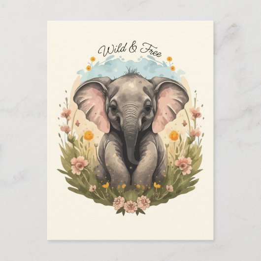 Schattigee Baby Olifant Kalf Wildflower Wanderlust Feestdagenkaart (Voorkant)