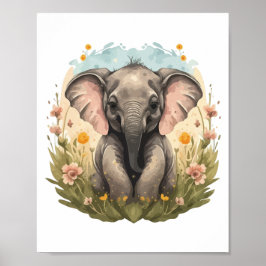 Schattigee Baby Olifant Kalf Wildflower Wanderlust Poster
