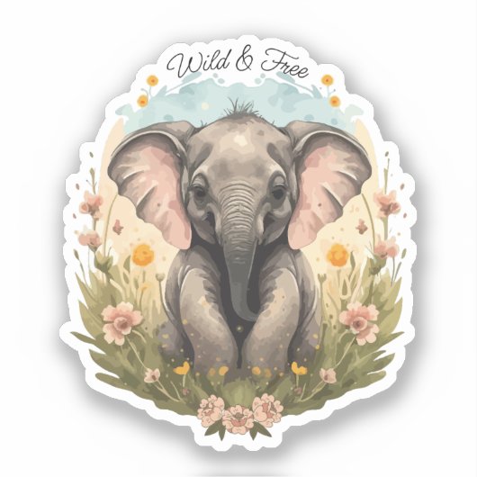 Schattigee Baby Olifant Kalf Wildflower Wanderlust Sticker (Voorkant)