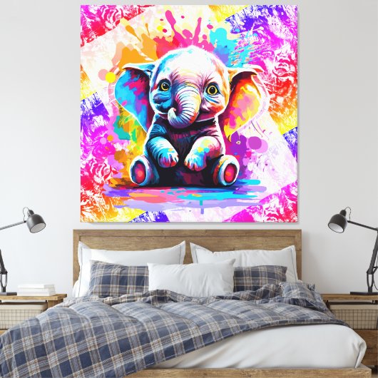 Schattigee Baby olifant - kleurrijke olifantenschi Canvas Afdruk (Insitu (Slaapkamer))