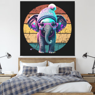 Schattigee Baby Olifant met Beanie en Roze Glazen Canvas Afdruk