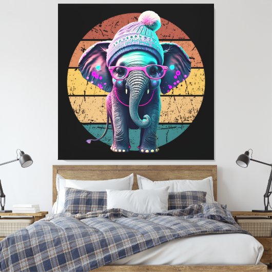 Schattigee Baby Olifant met Beanie en Roze Glazen Canvas Afdruk (Insitu (Slaapkamer))