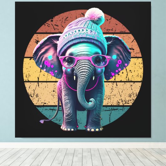 Schattigee Baby Olifant met Beanie en Roze Glazen Canvas Afdruk (Insitu (Houten vloer))