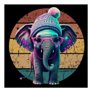 Schattigee Baby Olifant met Beanie en Roze Glazen Perfect Poster