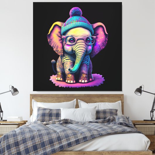 Schattigee Baby Olifant met Bril en Beanie Canvas Afdruk (Insitu (Slaapkamer))