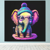 Schattigee Baby Olifant met Bril en Beanie Canvas Afdruk (Insitu (Houten vloer))