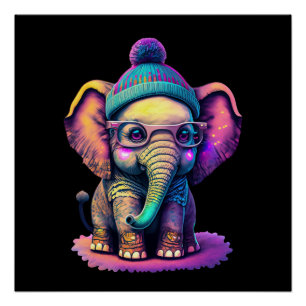 Schattigee Baby Olifant met Bril en Beanie Perfect Poster