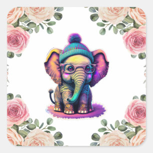 Schattigee Baby Olifant met Bril en Beanie Vierkante Sticker
