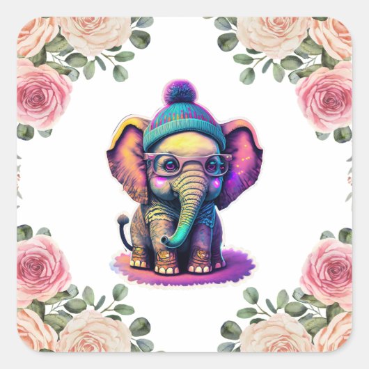 Schattigee Baby Olifant met Bril en Beanie Vierkante Sticker (Voorkant)