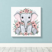 Schattigee Baby olifant met roze bloemen Canvas Afdruk (Insitu (Houten vloer))