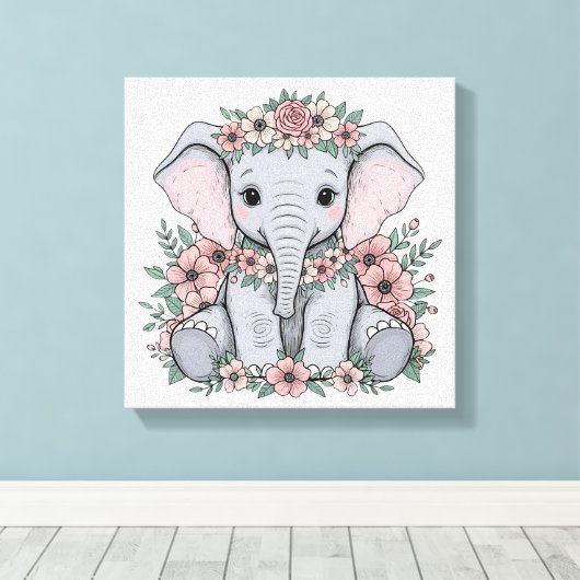 Schattigee Baby olifant met roze bloemen Canvas Afdruk (Insitu (Houten vloer))