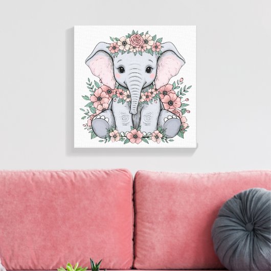 Schattigee Baby olifant met roze bloemen Canvas Afdruk (Insitu (Woonkamer))