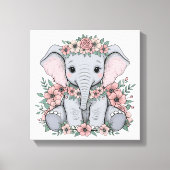 Schattigee Baby olifant met roze bloemen Canvas Afdruk (Voorkant)