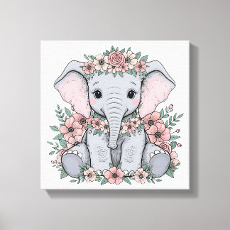 Schattigee Baby olifant met roze bloemen Canvas Afdruk