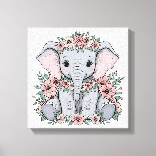 Schattigee Baby olifant met roze bloemen Canvas Afdruk (Voorkant)