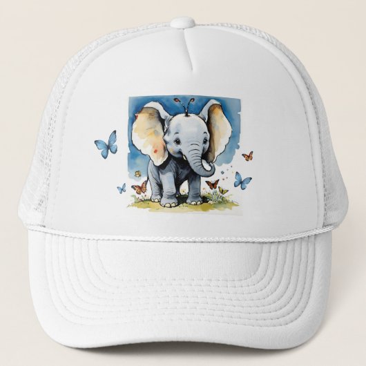 Schattigee Baby Olifant met Vlinders en Blue Sky Trucker Pet (Voorkant)
