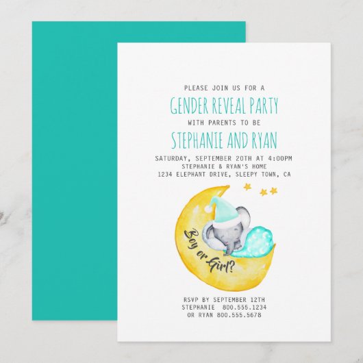 Schattigee Baby Olifant op de Maan Gender Reveal Kaart (Voorkant / Achterkant)