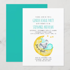 Schattigee Baby Olifant op de Maan Gender Reveal Kaart