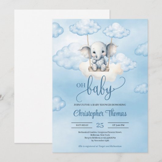 Schattigee Baby olifant op schommel in de sky boy Kaart (Voorkant / Achterkant)