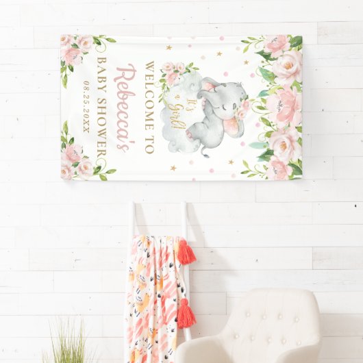 Schattigee Baby Olifant Roze Bloemen Achtergrond W Spandoek (Insitu)