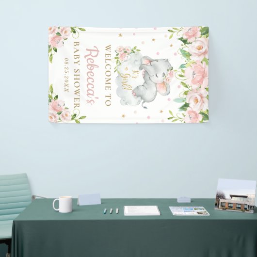 Schattigee Baby Olifant Roze Bloemen Achtergrond W Spandoek (Beurs)