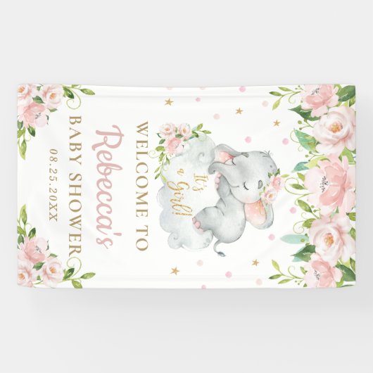 Schattigee Baby Olifant Roze Bloemen Achtergrond W Spandoek (Horizontaal)