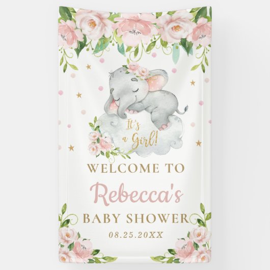 Schattigee Baby Olifant Roze Bloemen Achtergrond W Spandoek (Verticaal)