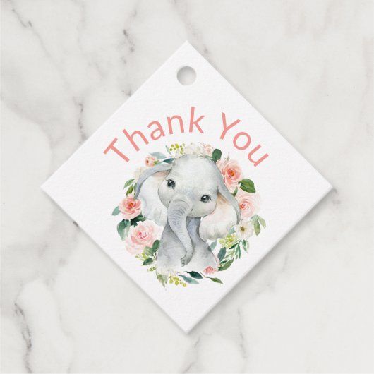 Schattigee Baby Olifant Roze Bloemen Dank u Bedankjes Labels (Voorkant)