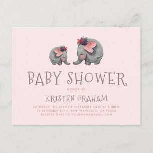 Schattigee Baby-olifant Roze Waterverf Baby show Uitnodiging Briefkaart