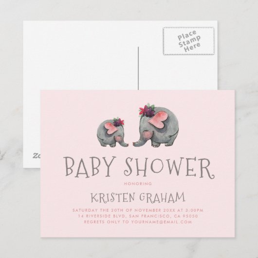 Schattigee Baby-olifant | Roze Waterverf Baby show Uitnodiging Briefkaart (Voorkant / Achterkant)