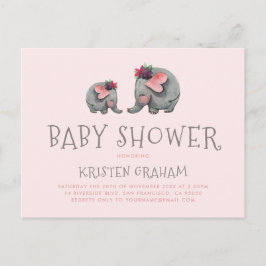 Schattigee Baby-olifant | Roze Waterverf Baby show Uitnodiging Briefkaart