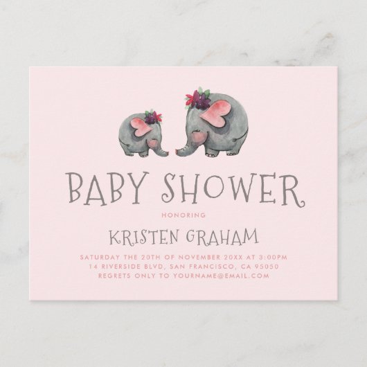 Schattigee Baby-olifant | Roze Waterverf Baby show Uitnodiging Briefkaart (Voorkant)