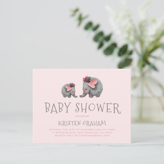 Schattigee Baby-olifant | Roze Waterverf Baby show Uitnodiging Briefkaart (Staand voorkant)