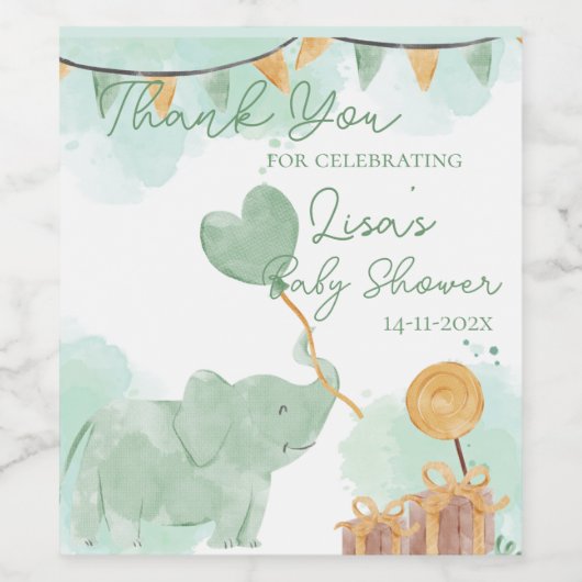 Schattigee Baby olifant thema Baby shower dank u Wijn Etiket (Enkel label)