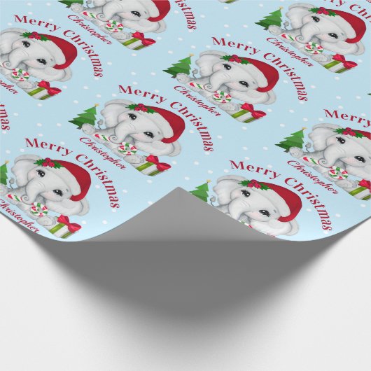 Schattigee Baby olifant vrolijk kerstblauw Cadeaupapier (Hoek)