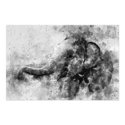 Schattigee Baby Olifant Zwart-wit Waterverf Foto Afdruk (Voorkant)