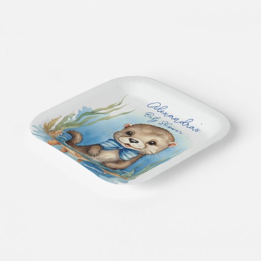 Schattigee Baby Otter Boy Baby shower Papieren Bordje (Gebogen)