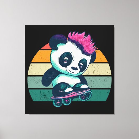 Schattigee Baby Panda met mohawk | Schaatser Panda Canvas Afdruk (Voorkant)