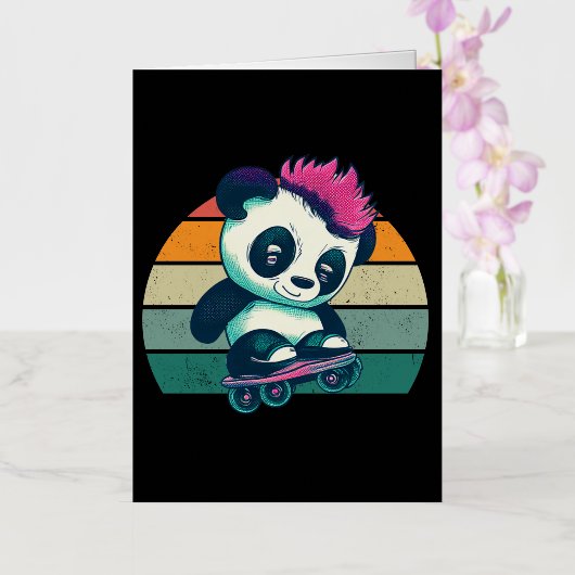 Schattigee Baby Panda met mohawk | Schaatser Panda Folie Wenskaart (Orchidee)