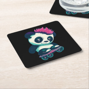 Schattigee Baby Panda met mohawk Schaatser Panda Kartonnen Onderzetters