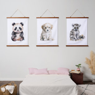 Schattigee baby panda, pup en maki hangend wandkleed
