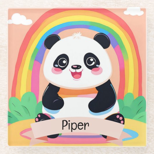 Schattigee Baby Panda Rainbow Glazen Onderzetter (Voorkant)