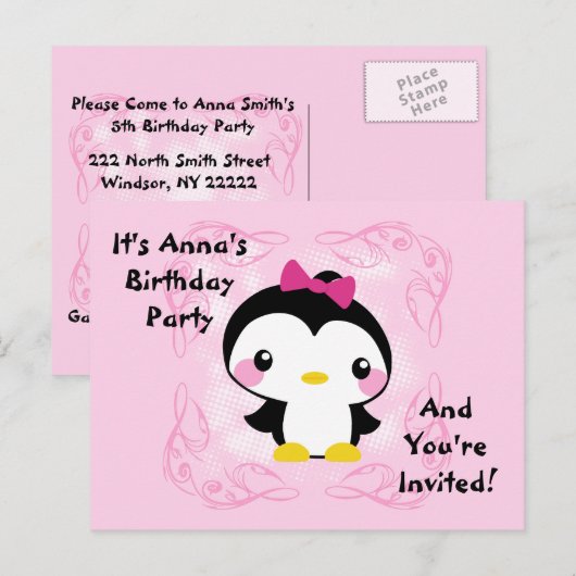 Schattigee Baby Penguin Verjaardag Uitnodiging Bri (Voorkant / Achterkant)