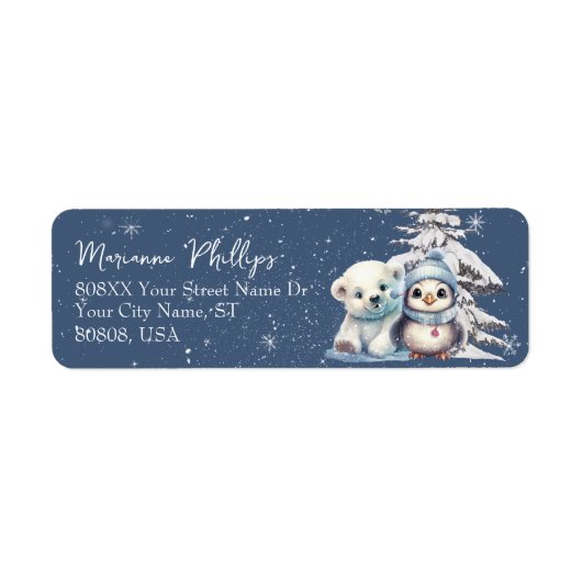 Schattigee Baby Pinguïn en Polar Beer Cub Blue Etiket (Voorkant)