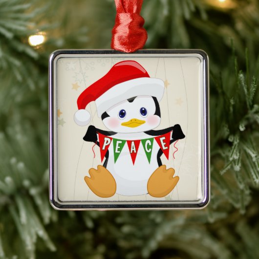 Schattigee Baby pinguïn met vredesspandoek Metalen Ornament (Boom)