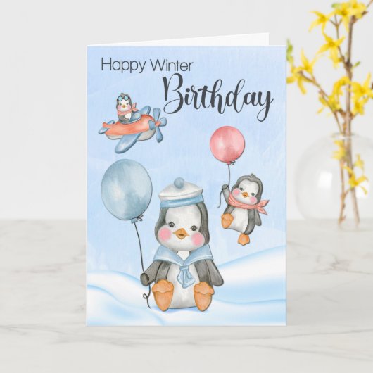 Schattigee Baby pinguïns voor de winterverjaardag Kaart (Gele Bloem)