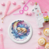 Schattigee Baby-puppy slaapt op de maan Papieren Bordje (Feest)