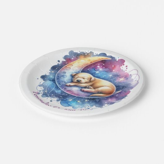 Schattigee Baby-puppy slaapt op de maan Papieren Bordje (Gekanteld)